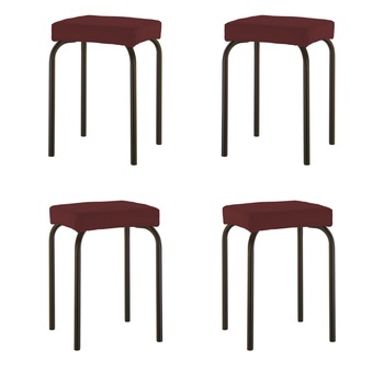 Set 4 scaune de tip taburet Tutti, cadru negru, piele ecologica, carmin
