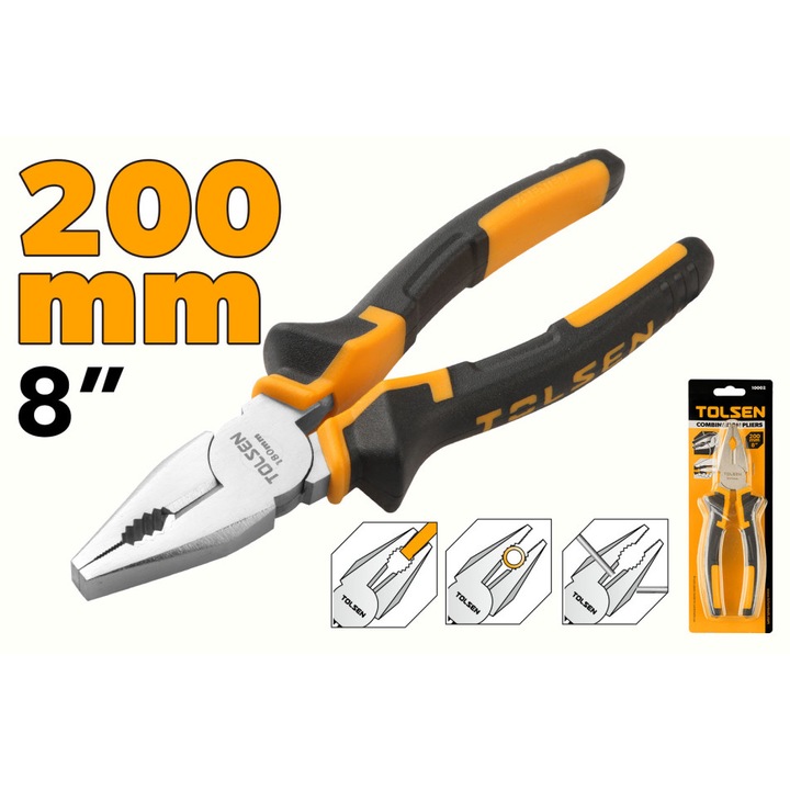 Cleste combinat TOLSEN 200 mm, otel forjat cu finisaj nichel, maner ergonomic din 2 componente, rezistent si versatil, ideal pentru prindere si taiere in aplicatii diverse, otel forjat tratat termic cu rezistenta ridicata, maner ergonomic bi-component