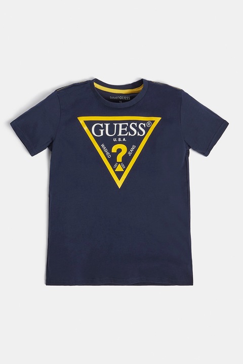 GUESS KIDS, Tricou de bumbac organic cu imprimeu logo, Galben/Bleumarin