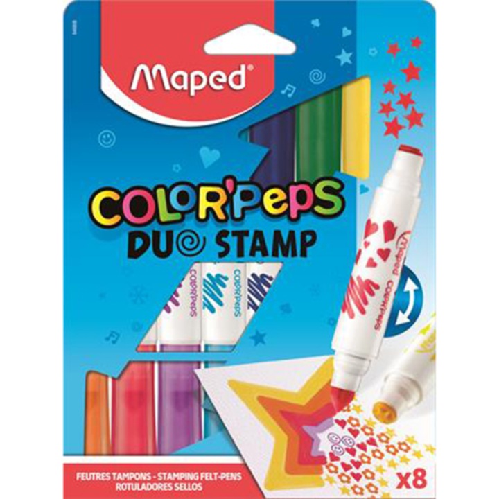 Set 8 carioci cu 2 capete, Maped Color`Peps Duo Stamp, 7.5 mm, Multicolor
