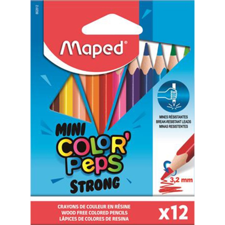 MAPED Színes ceruza készlet, háromszögletű, Mini Color`Peps Strong, 12 különböző szín