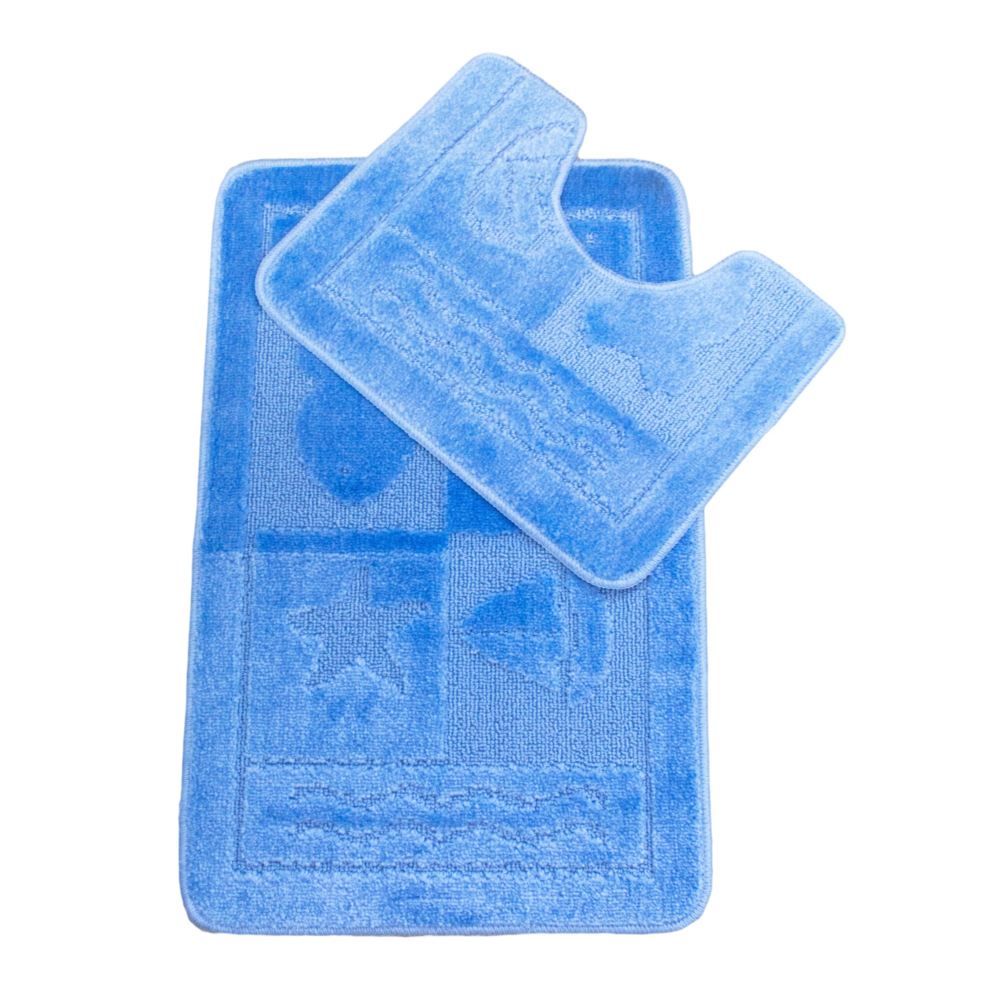 Set 2 covorase baie Basic Standard , 50x80cm/40x50cm, antiderapant, polipropilena, culoare bleo, model 4 patrate, gramaj 800 g