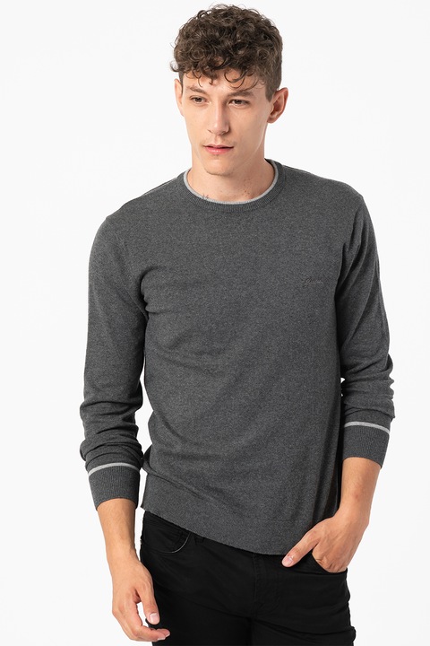 GUESS, Kerek nyakú finomkötött pulóver, Melange sötétszürke, S