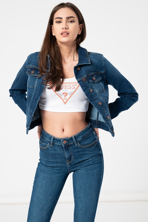 GUESS, Jacheta de denim cu aspect decolorat, Albastru, XS