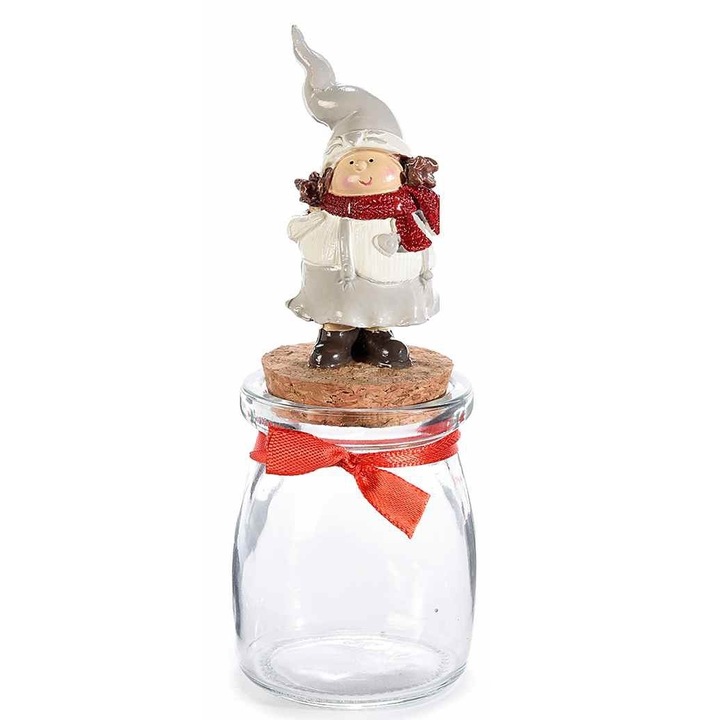 Borcan din sticla si figurina Spiridus ceramica alba rosie 6x15 cm