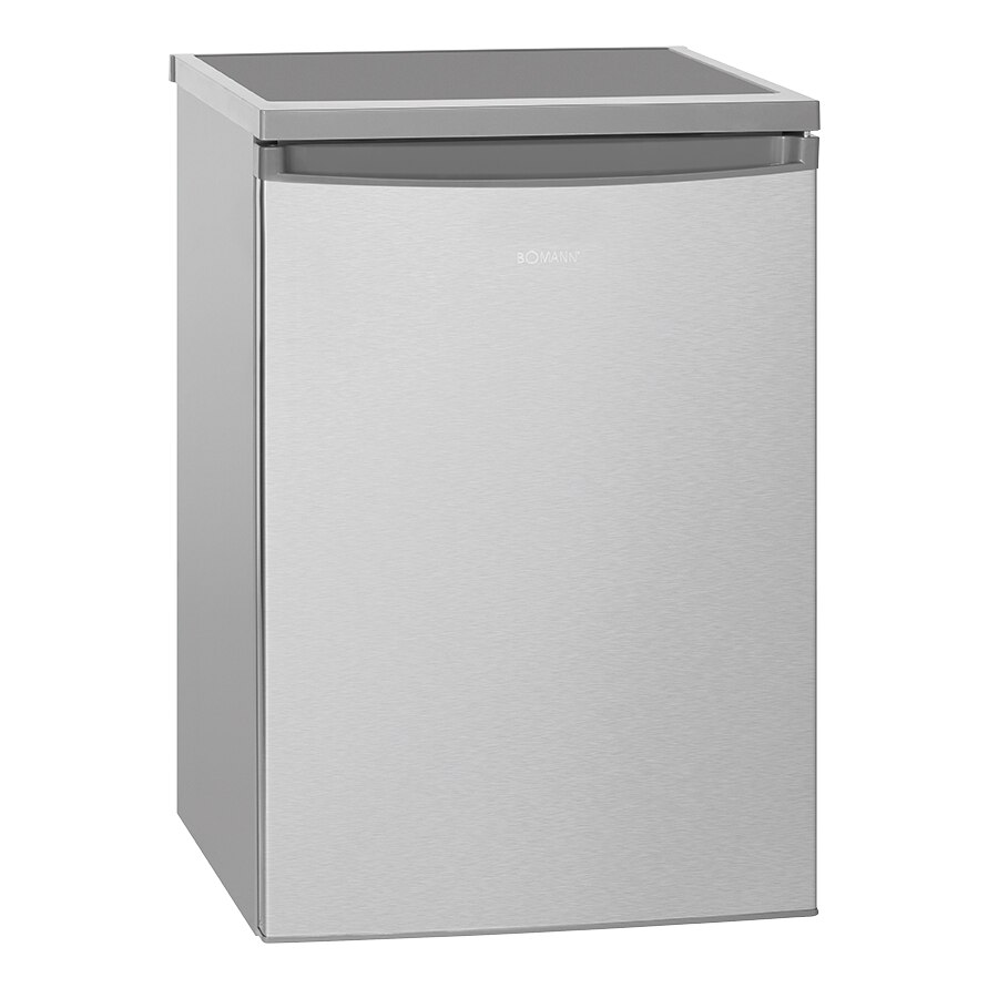 Minifrigider Bomann, VS 2185.1, compact, silentios, control temperatura, H 84.5 cm, decongelare automata, 3 rafturi de sticla, 3 compartimente usa, volum 133 litri, picioare reglabile, lumina interioara LED, suport oua, inox