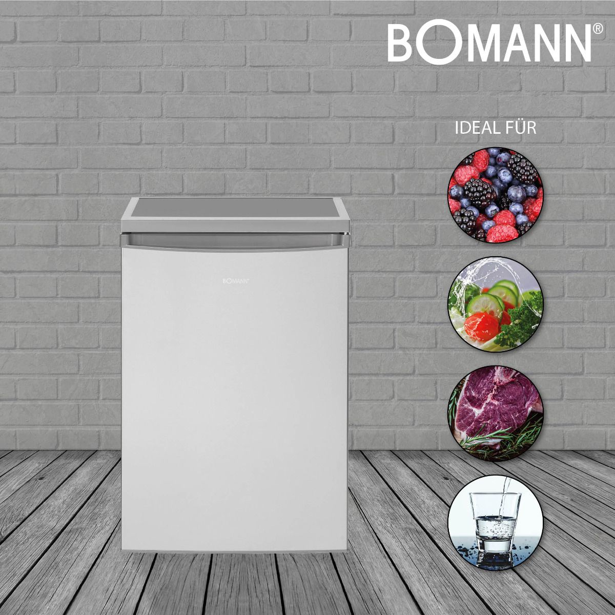 Minifrigider Bomann, VS 2185.1, compact, silentios, control temperatura, H 84.5 cm, decongelare automata, 3 rafturi de sticla, 3 compartimente usa, volum 133 litri, picioare reglabile, lumina interioara LED, suport oua, inox