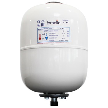 Vas expansiune sanitar Fornello, 8 litri, vertical, culoare alb, presiune maxima 10 bar, membrana EPDM Vas expansiune sanitar Fornello, 8 litri, vertical, culoare alb, presiune maxima 10 bar, membrana EPDM