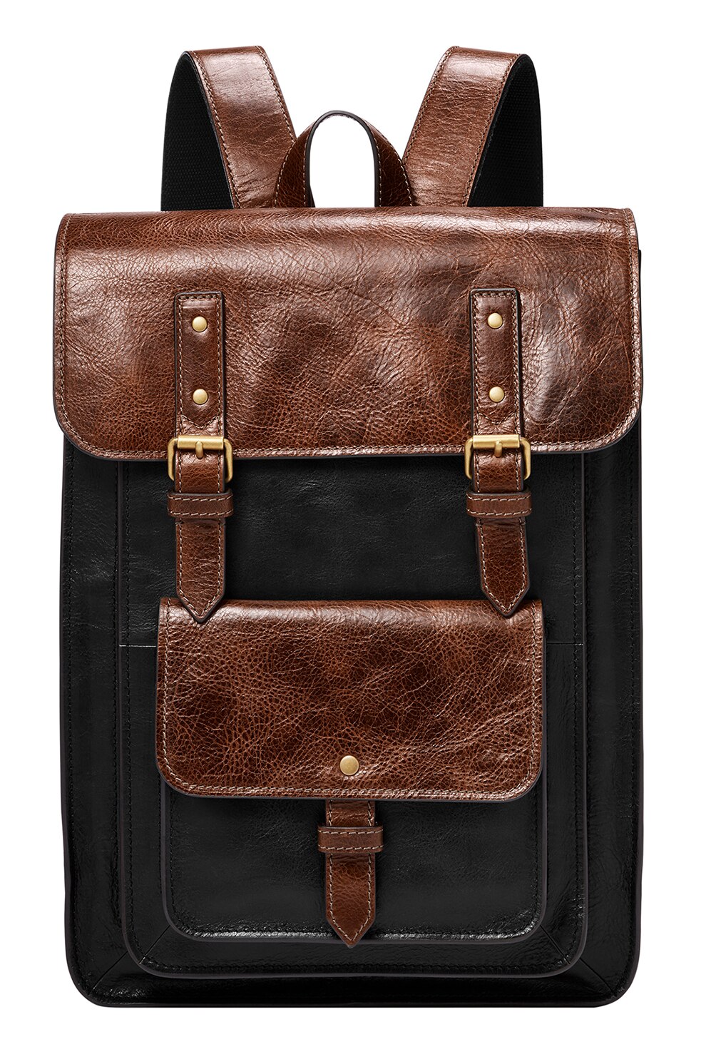 Fossil, Rucsac din piele ecologica cu aspect texturat Greenville, Negru/Maro cognac