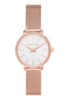 Michael Kors, Ceas rotund analog cu coroana decorata cu cristale, Auriu rose Michael Kors, Ceas rotund analog cu coroana decorata cu cristale, Auriu rose