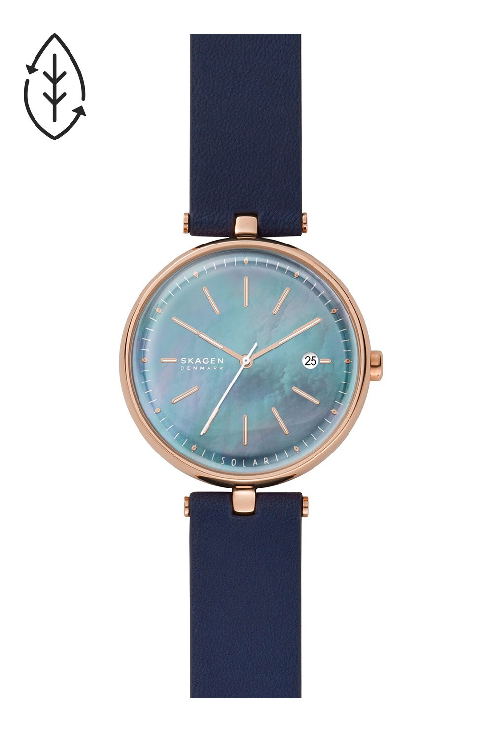 Skagen, Ceas cu incarcare solara si curea din piele ecologica Aaren Naturals, Bleumarin inchis/Auriu