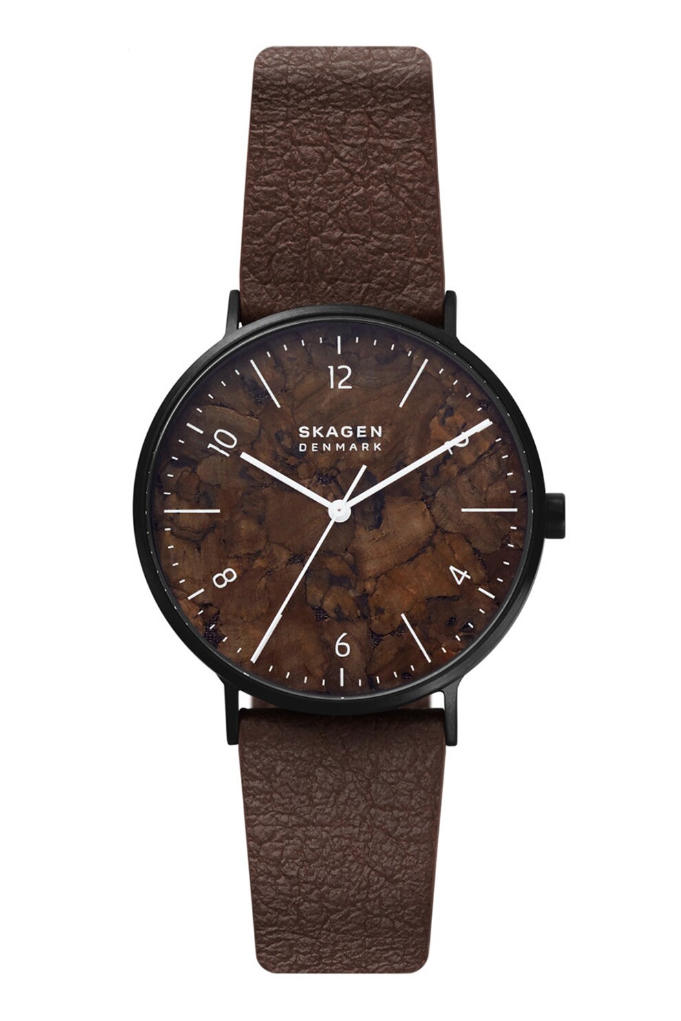 Skagen, Ceas rotund cu o curea din piele ecologica alternativa Aaren Naturals, Maro inchis