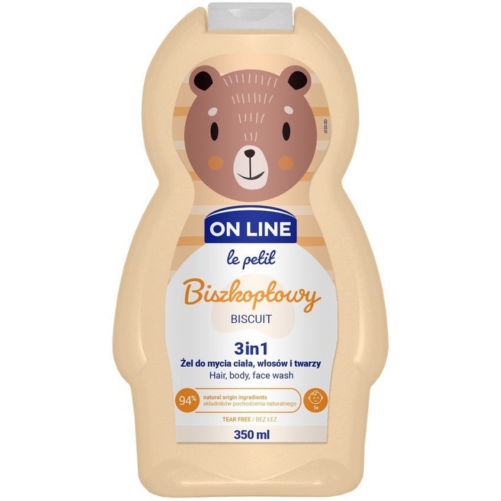 Душ гел 3in1 за коса и тяло ON LINE Le Petit, Хидратиращ, Biscuit, 350 мл, 1 годинка +