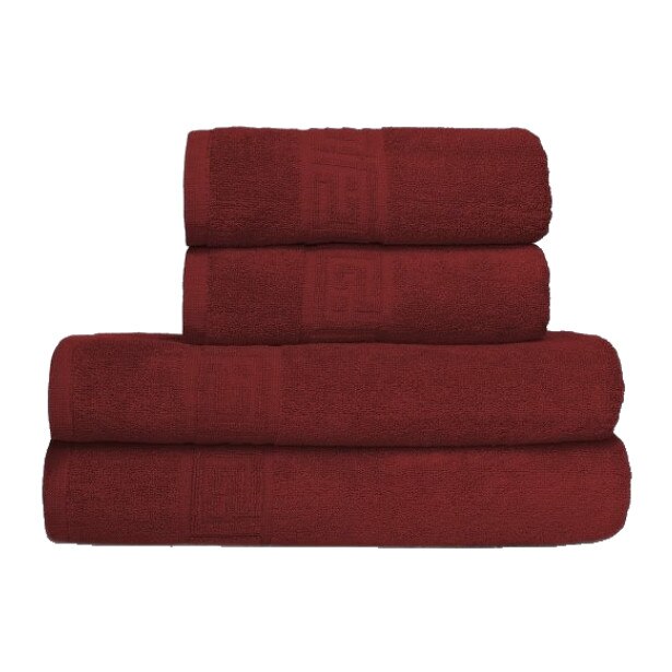 Set 4 prosoape bumbac 100% cu bordura greceasca, 50x90 cm, 70x140 cm, Ralex Pucioasa, Family Pack Bordo