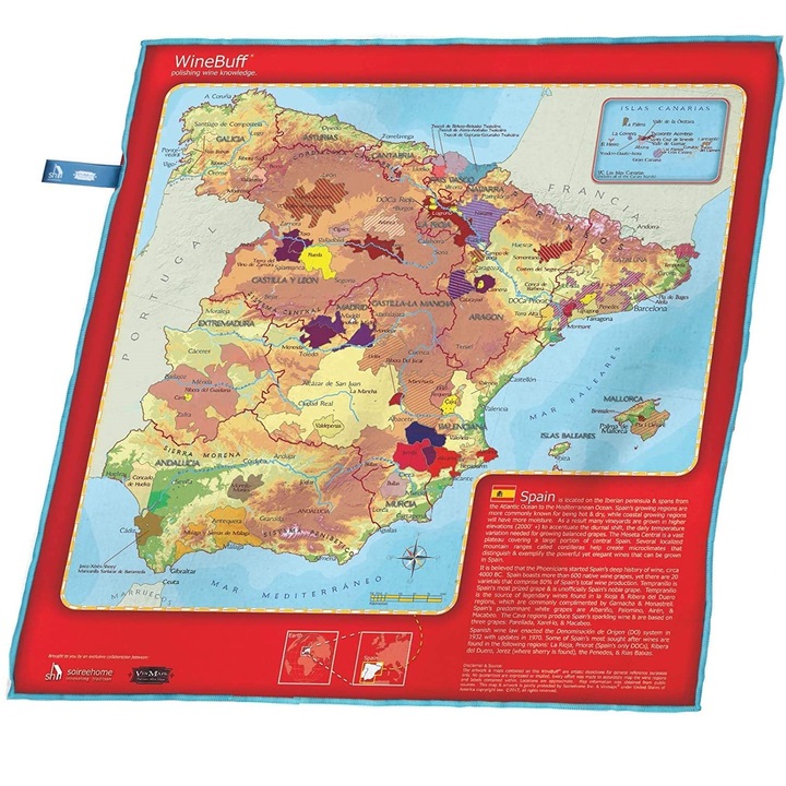 Prosop pahare de vin, Soireehome, Model harta Spania, Microfibra, 50x50x3 cm, Multicolor