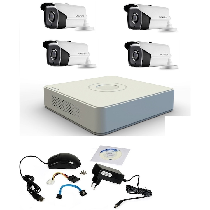 Sistem supraveghere analog Hikvision Hilook, 1 camera 2 MP, lentila 2.8mm, IR 20m, DVR 4 canale 4 MP, accesorii