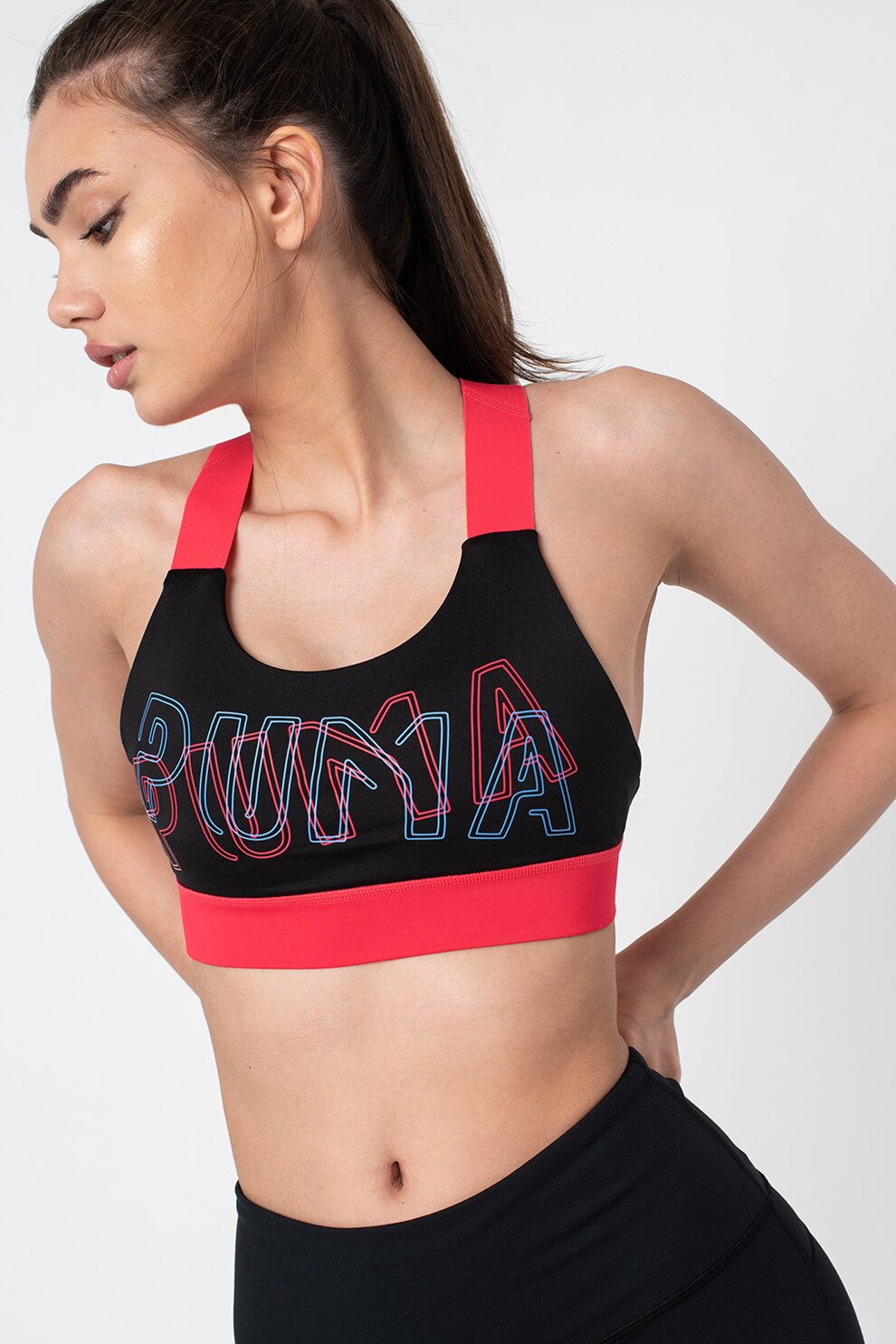 Puma, Bustiera cu logo pentru fitness Feel It, Negru/Fucsia, XS