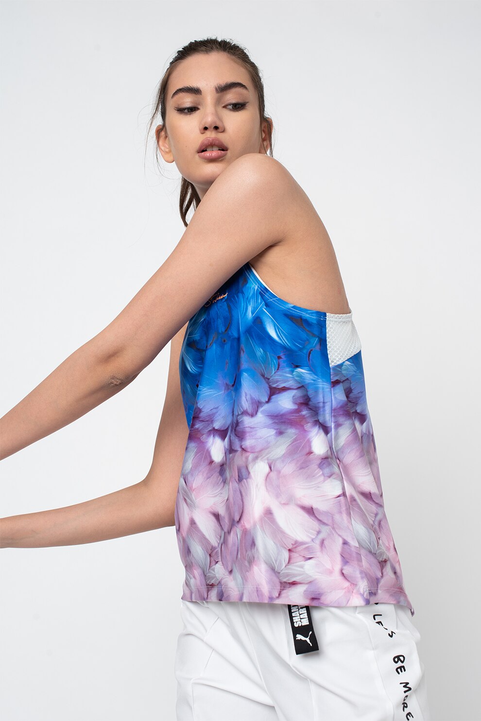 Puma, Top cu imprimeu, pentru fitness, Albastru/Lila