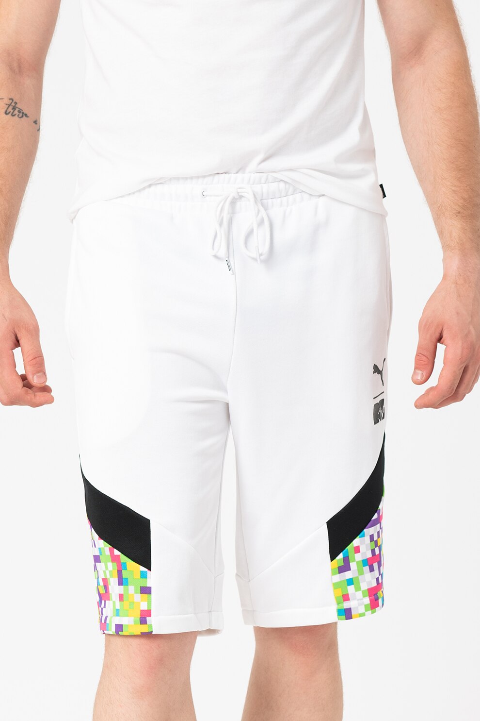 Puma, Pantaloni scurti cu snur si garnituri cu imprimeu, Alb/Negru, S