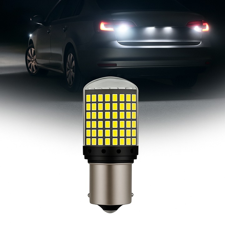 Bec LED Canbus 1156/BA15S P21W AutoREY®, 3014 SMD, 144 LED-uri, Iluminare Alb 6000K, 20W, 3000 Lumeni, 12V, Unghi 360°, Compatibil Marsarier, Frana, Pozitie, Stop, Consum Redus, Durata 50.000 Ore, Rezistenta la Vibratii, Instalare Usoara