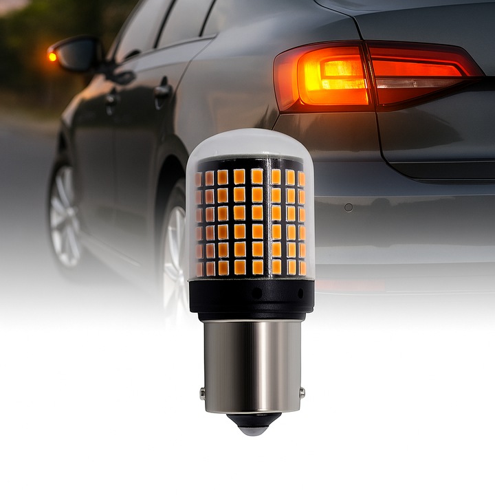 Bec LED Canbus 1156/BA15S P21W AutoREY®, 3014 SMD, 144 LED-uri, Iluminare Puternica 3000K, 20W, 12V, Unghi 360°, Compatibil Lampi Semnalizare, Frana, Pozitie, Consum Redus, Durata 50.000 Ore, Rezistenta la Vibratii