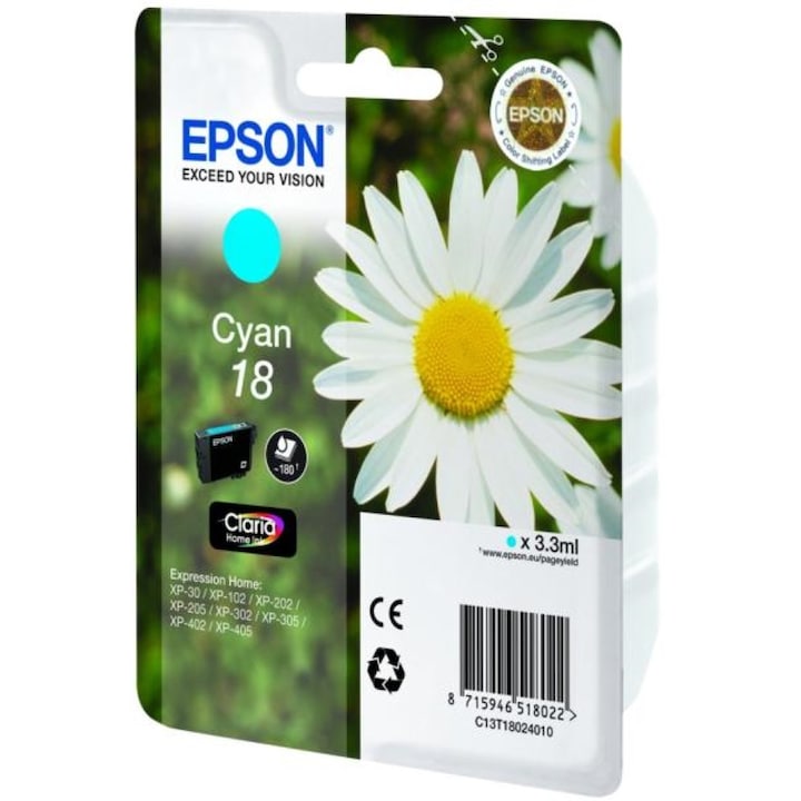 Epson Cyan 18 T1802 tintapatron MUFC Limited Edition / XP-102 / XP-202 / XP-205 / XP-30 / XP-302 / XP-305 / XP-312 / XP-402 / XP-405 / XP-405WH készülékekhez / XP-412 / XP-415, 180 oldal OEM:C13T18024010