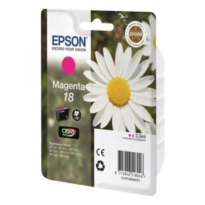 Epson Magenta 18 T180340 tintapatron MUFC Limited Edition / XP-102 / XP-202 / XP-205 / XP-30 / XP-302 / XP-305 / XP-312 / XP-402 / XP-405 / XP-405WH készülékekhez / XP-412 / XP-415, 180 oldal OEM:C13T18034010