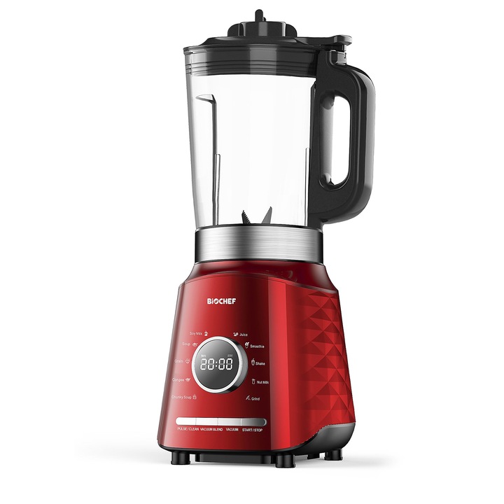 Blender cu vid, BioChef, Functie de gatit, recipient din sticla 2,0 l, recipient vid 1,75 l, rosu