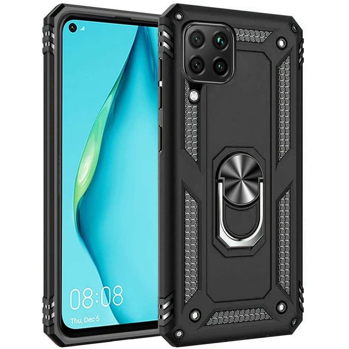 Husa ARMOR antisoc model HYBRID cu inel si placuta metalica, compatibila cu Huawei P40 Lite / Negru