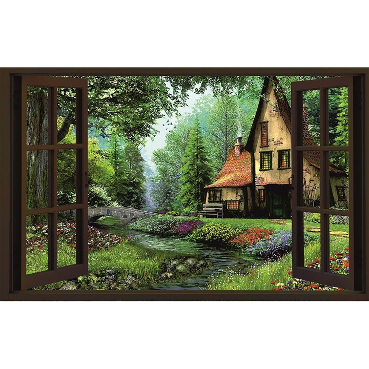 Tablou Canvas, Peisaj, Fereastra, Padure, Casuta, Flori, 80 x 50 cm, Rama lemn, Multicolor
