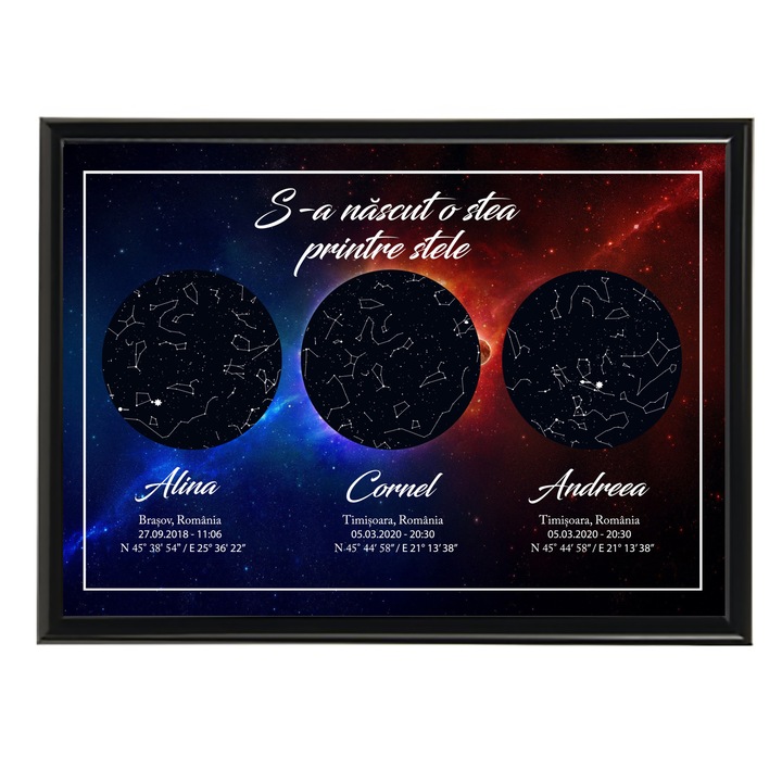 Tablou personalizat cu harta stelelor, model galaxie, rama negru, 20 x 30 cm