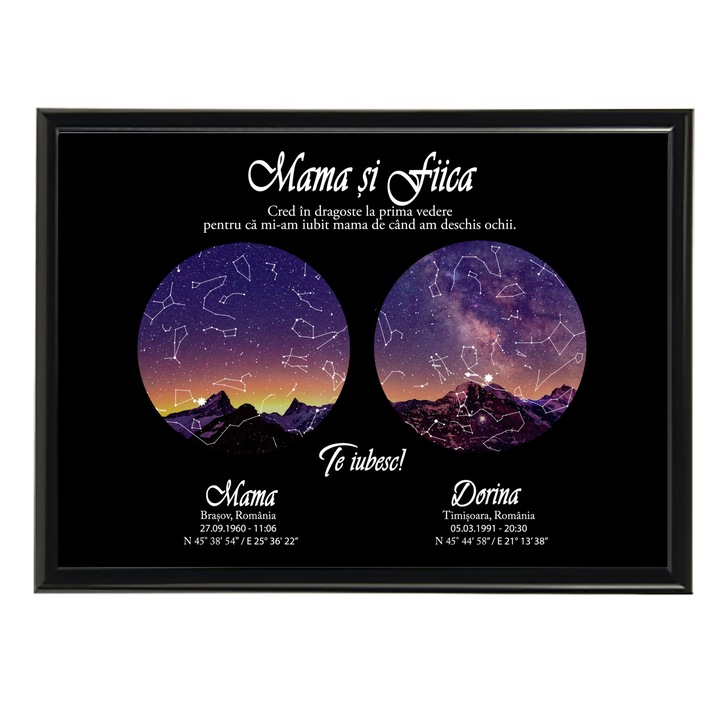 Tablou personalizat cu harta stelelor, model mama si fiica, rama negru, 20 x 30 cm