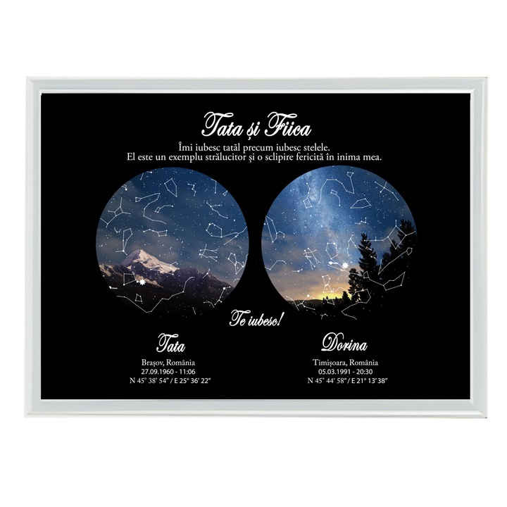 Tablou personalizat cu harta stelelor, model tata si fiica, rama alb, 20 x 30 cm