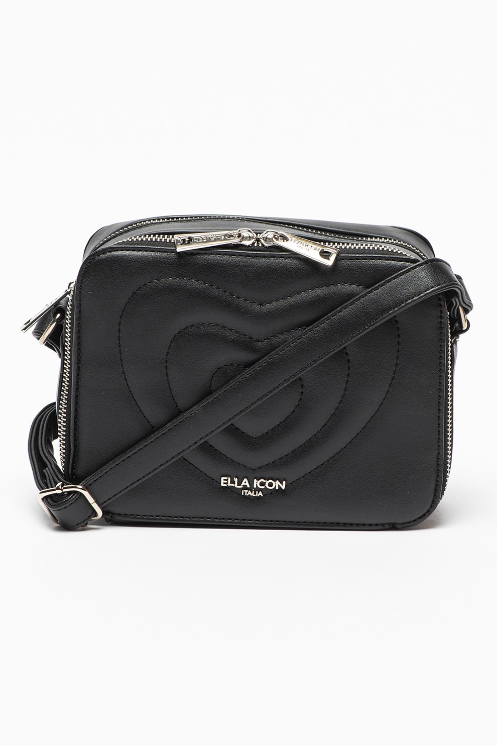 Ella Icon, Geanta crossbody de piele ecologica cu inimi brodate Heart, Negru stins