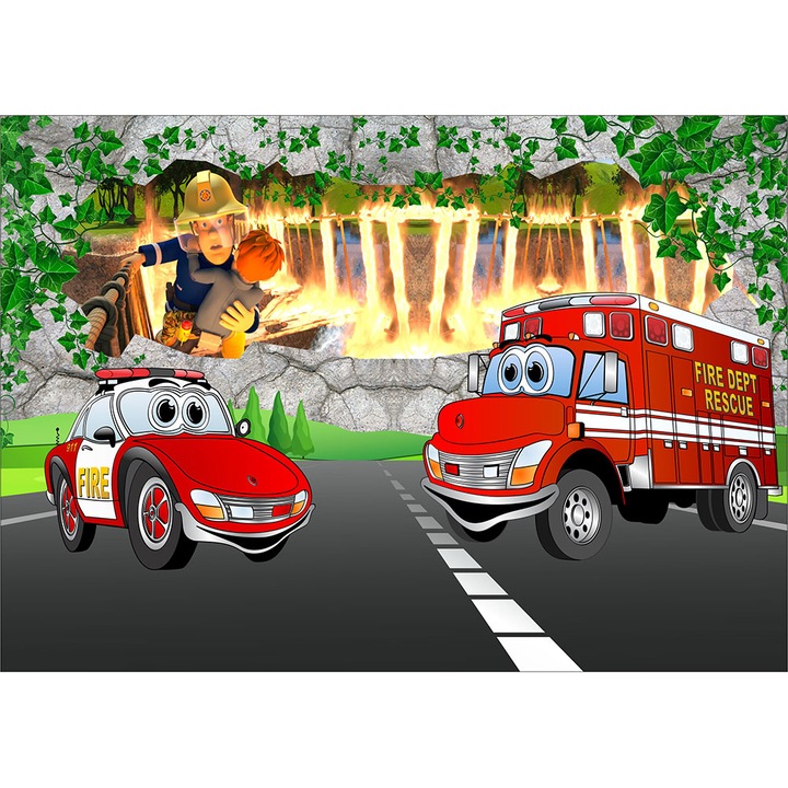 Fototapet copii Pompierul Sam, autoadeziv, multicolor, 200 x 300 cm
