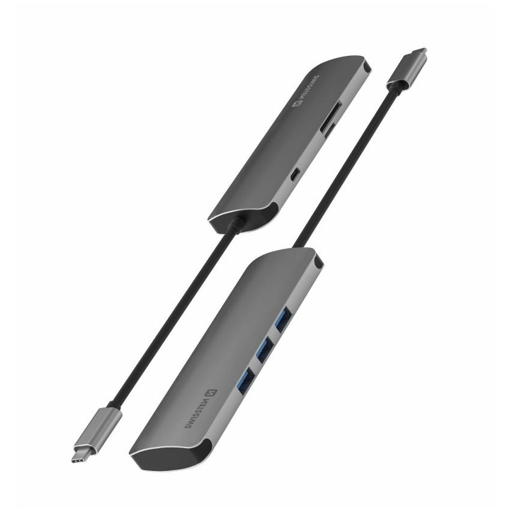 Swissten USB-C хъб 6 в 1, 1X USB-C порт PowerDelivery 100W, 1X четец на SD карти, 1X четец на micro SD карти, 3X USB 3.0