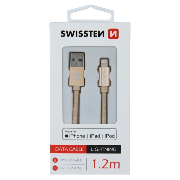 Cablu de date Swissten textile usb/tip Lightning mfi 1.2m, golden