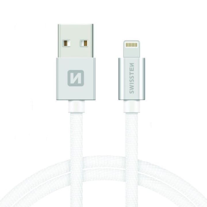 Swissten Adatkábel textil bevonattal, USB/lightning MFI, 1.2 m, Ezüst/Fehér