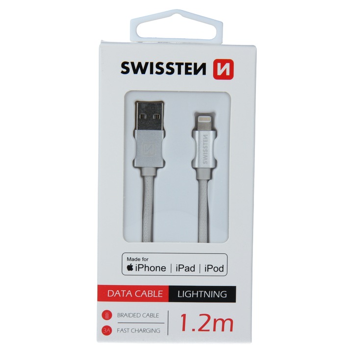 Кабел за данни Swissten textile usb/lightning mfi 1.2 м, Silver