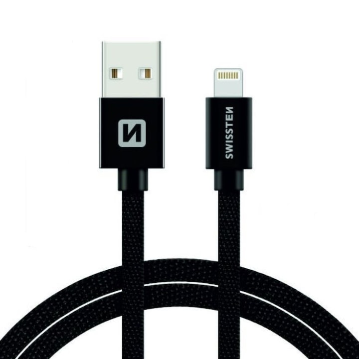 Swissten Adatkábel textil bevonattal, USB/lightning MFI, 1.2 m, Fekete