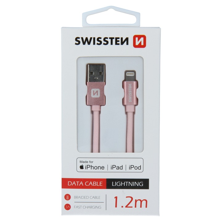 Cablu de date Swissten textile usb/lightning mfi 1.2m, Rose/Gold