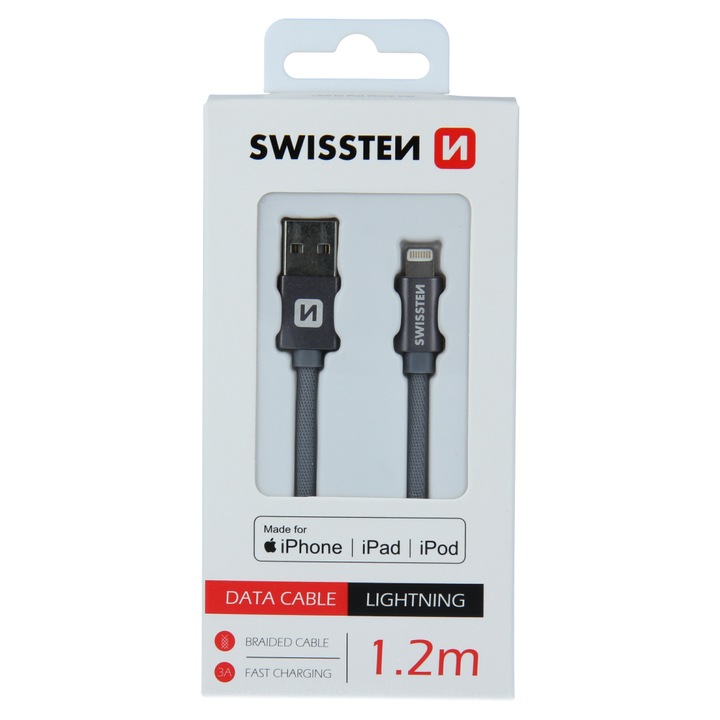 Cablu de date Swissten textile usb/tip Lightning mfi 1.2m, Grey