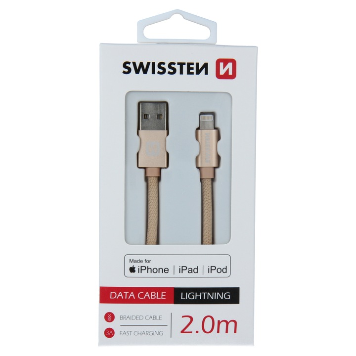 Кабел за данни Swissten textile usb/lightning mfi 2.0 м, Golden