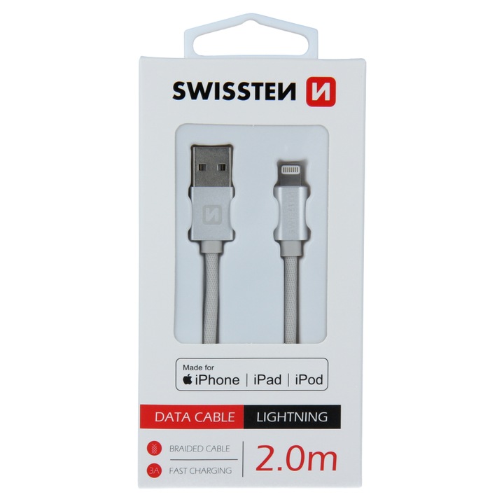 Cablu de date Swissten textile usb/tip Lightning mfi 2.0m, Silver