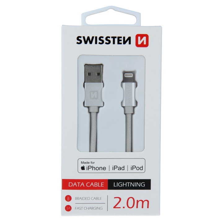 Кабел за данни Swissten textile usb/lightning mfi 2.0 м, Silver