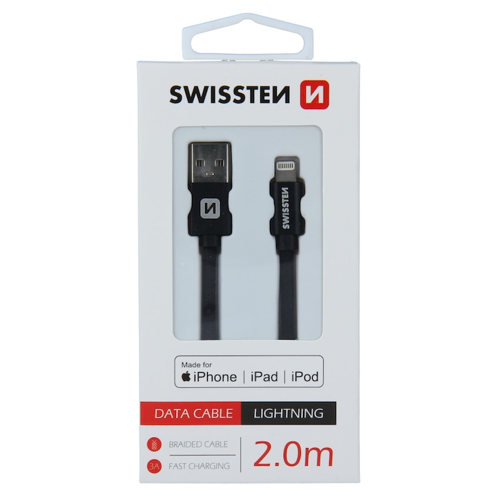 Кабел за данни Swissten textile usb/lightning mfi 2.0 м, Black