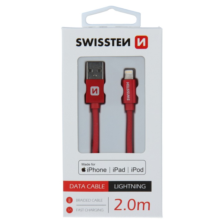 Кабел за данни Swissten textile usb/lightning mfi 2.0 м, Red