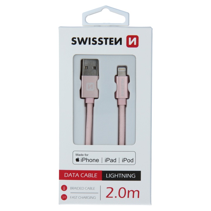 Cablu de date Swissten textile usb/lightning mfi 2.0m, Rose/gold