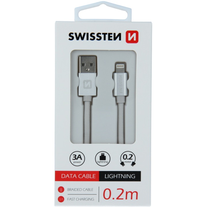 Кабел за данни Swissten textile usb/lightning 0.2 м, Silver