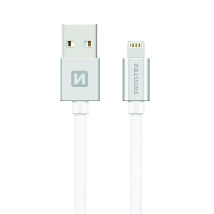 Swissten Adatkábel textil bevonattal, USB/lightning, 0.2 m, Ezüst/Fehér